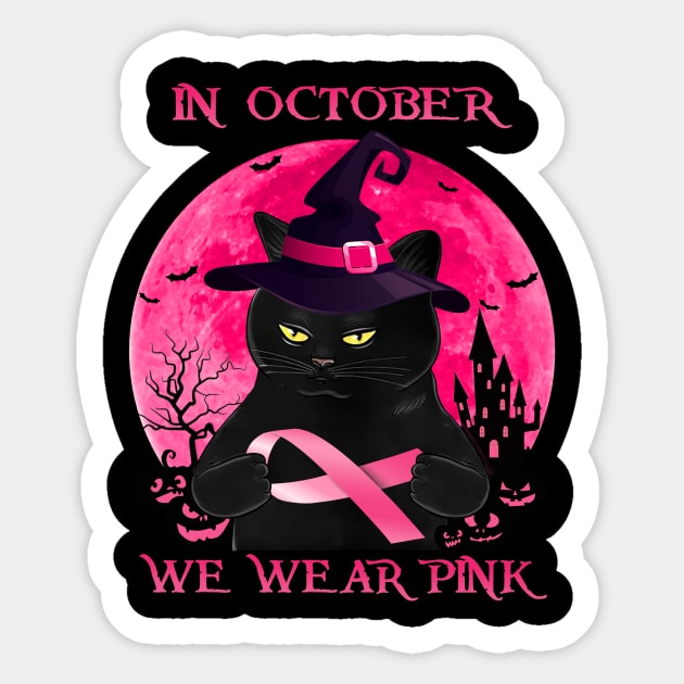 Black Cat In October We Wear Pink Halloween Sticker by Magazine